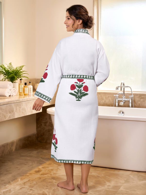 Ruhani Waffle Handblock Printed Bathrobe
