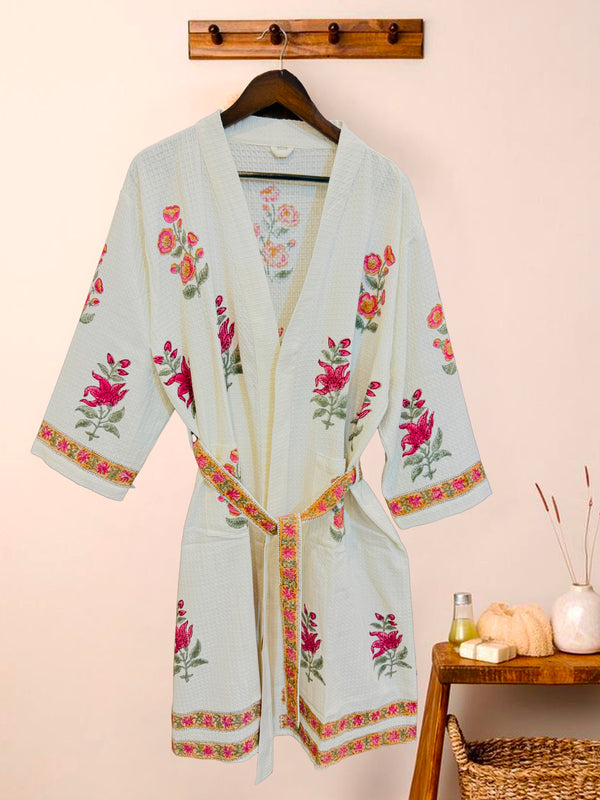 Pushp Vatika Waffle Handblock Printed Cotton Bathrobe
