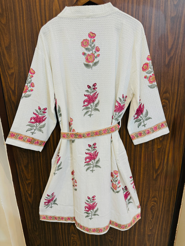 Pushp Vatika Waffle Handblock Printed Cotton Bathrobe