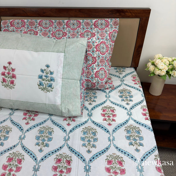 GULABI-NEEL BAAG – Handblock Cotton Bedsheet (Queen 90×108)