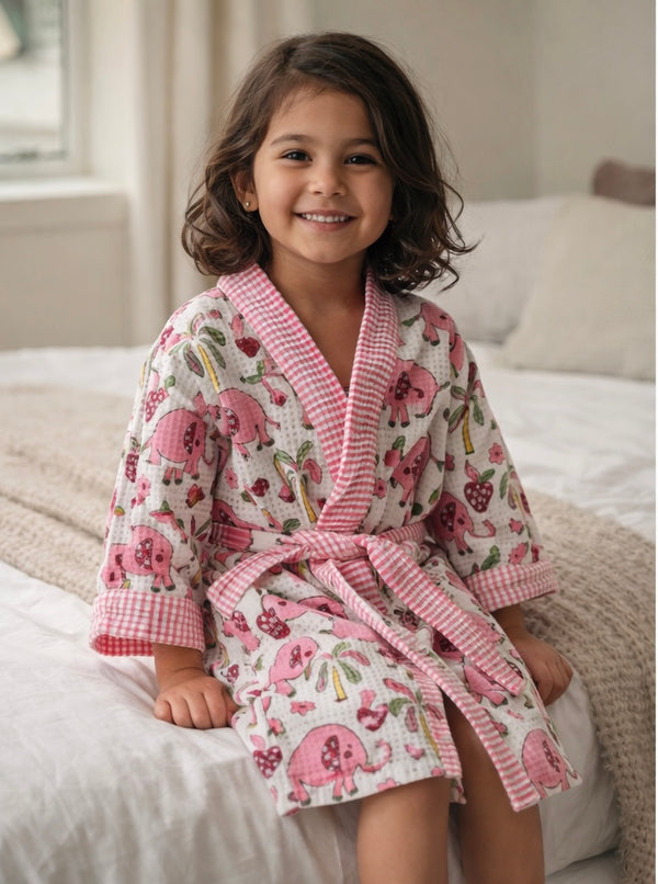 Blush Berry Elephant Waffle Cotton Bathrobe for Kids