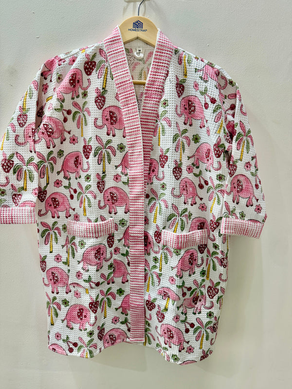 Blush Berry Elephant Waffle Cotton Bathrobe for Kids