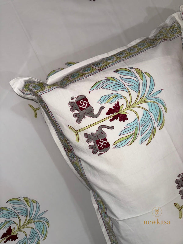 ELEPHANT & PALM TREE BLOCK PRINTED PREMIUM COTTON BEDSHEET (King SIZE 108*108) - newkasa