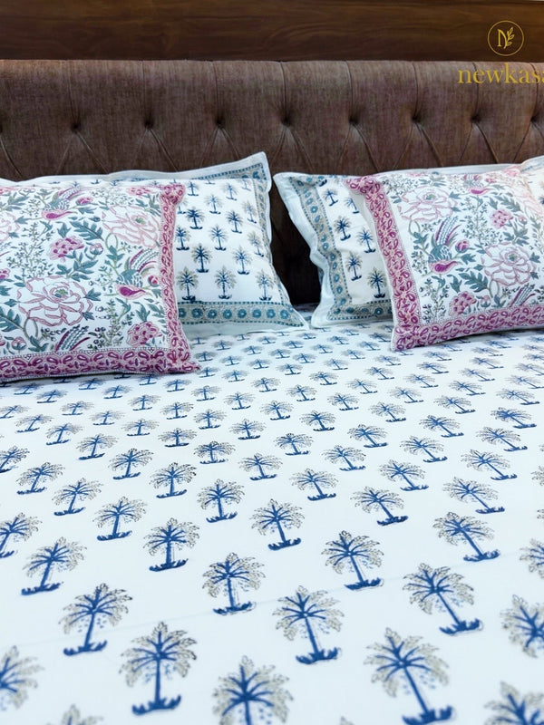 AZURE PALM PREMIUM HANDBLOCK COTTON BEDSHEET (KING SIZE 108*108) - newkasa