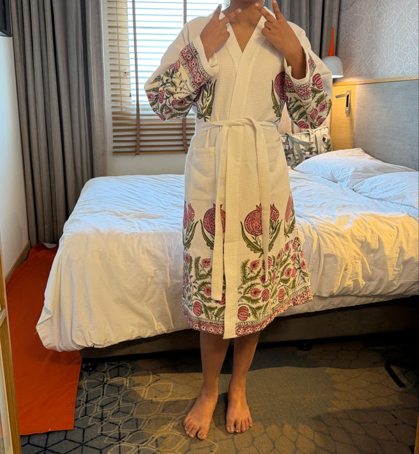 Anar Baagh Waffle Handblock Printed Bathrobe