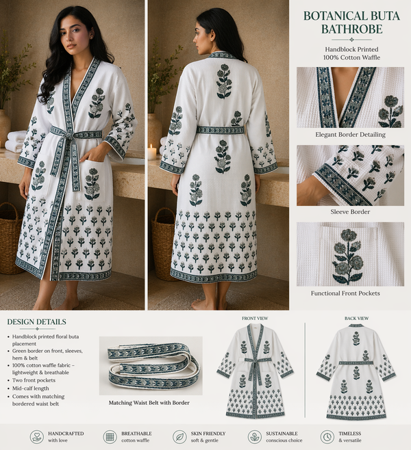 Botanical buta Waffle Handblock Printed Bathrobe