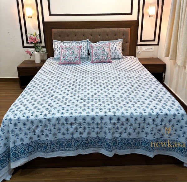 AZURE PALM PREMIUM HANDBLOCK COTTON BEDSHEET (KING SIZE 108*108) - newkasa