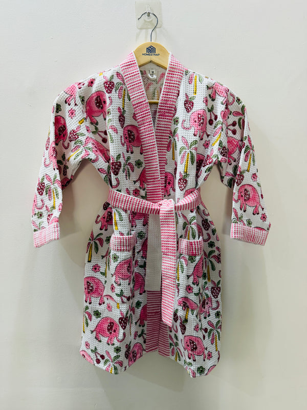 Blush Berry Elephant Waffle Cotton Bathrobe for Kids