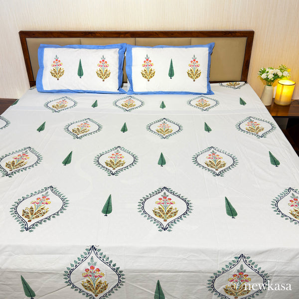 GULSHAN-E-THAR - Jaipuri Cotton Double Bedsheet with Pillow Covers | Premium Sanganeri Floral Print | 100% Soft Cotton