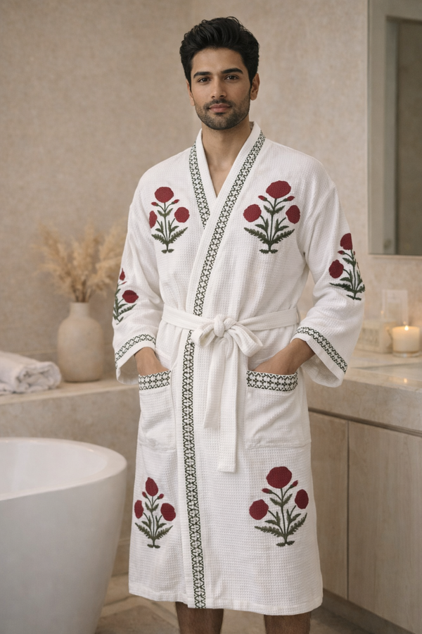 Ruhani Waffle Handblock Printed Bathrobe 45"inch