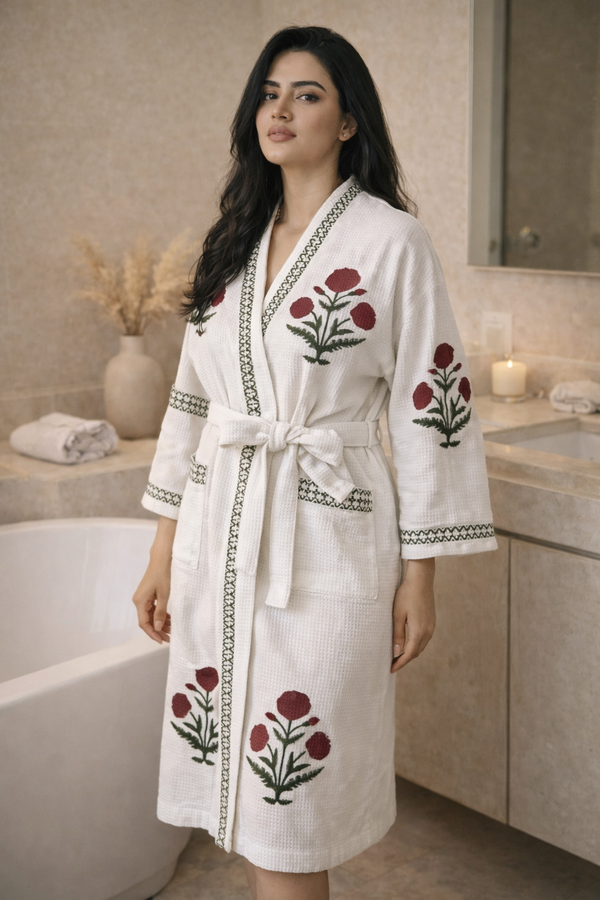 Ruhani Waffle Handblock Printed Bathrobe 45"inch