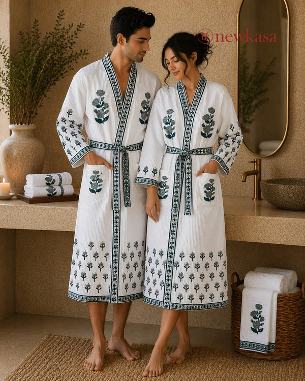 Botanical buta Waffle Handblock Printed Bathrobe
