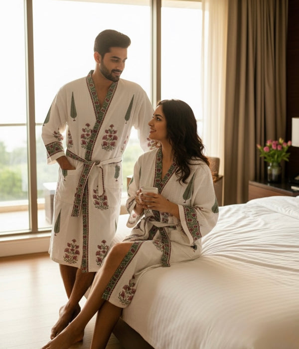 Raj Angan Cypress Waffle Handblock Printed Cotton Bathrobe