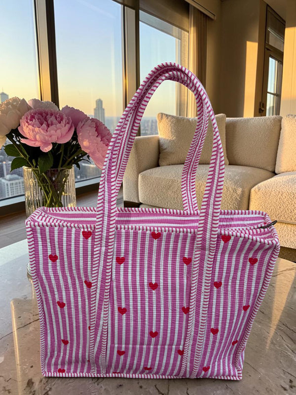 Pink Heart Stripe Quilted Tote Bag