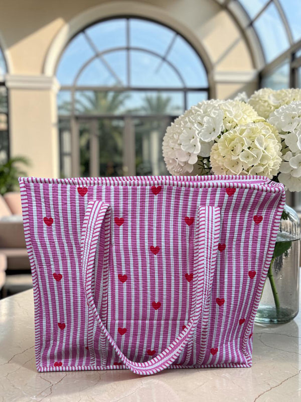 Pink Heart Stripe Quilted Tote Bag