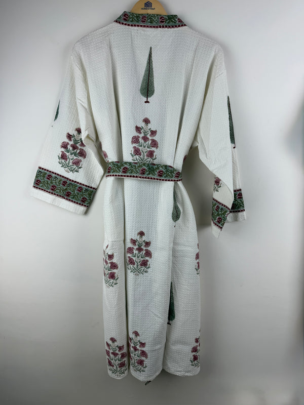 Raj Angan Cypress Waffle Handblock Printed Cotton Bathrobe