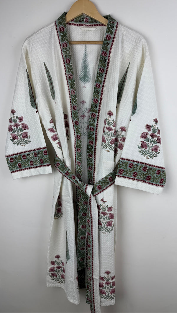 Raj Angan Cypress Waffle Handblock Printed Cotton Bathrobe
