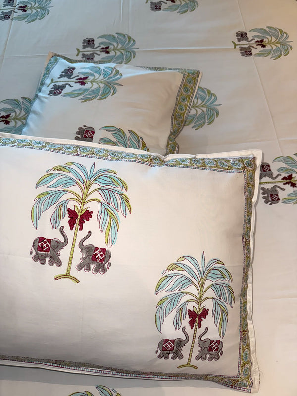 ELEPHANT & PALM TREE BLOCK PRINTED PREMIUM COTTON BEDSHEET - newkasa