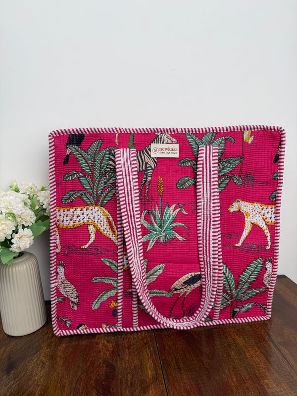 Pink Forest Quilted Cotton Tote Bag with Inner Pocket – 18x18