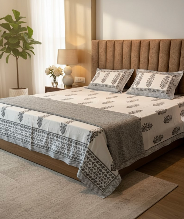 JAIPURI PREMIUM COTTON BEDSHEET WITH MARIGOLD VINE MOTIFS (QUEEN SIZE 90*108) - newkasa