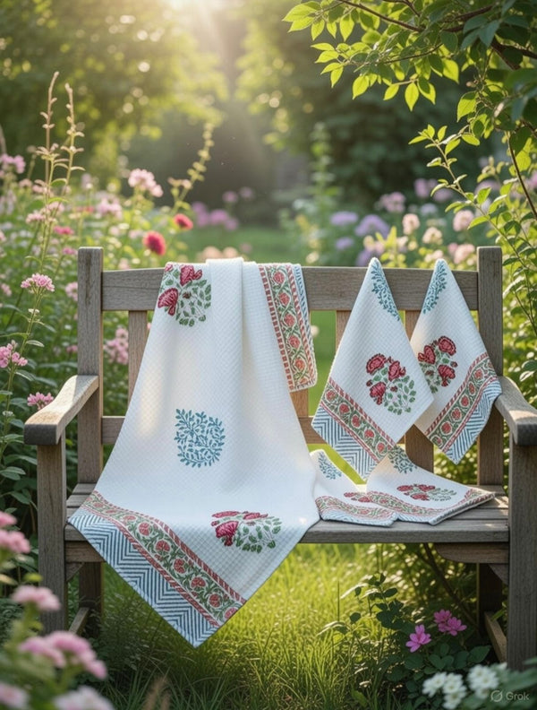 Sanganeri Rose Buta Waffle Cotton Bath Towel - 30*60