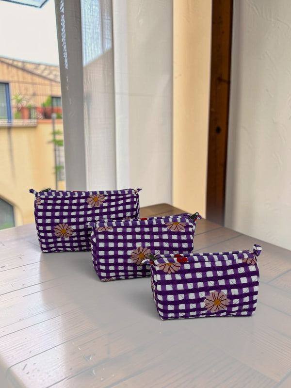 Purple Daisy Gingham Pouch Set