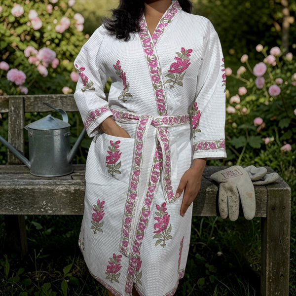 Pushp Vatika Waffle Handblock Printed Cotton Bathrobe