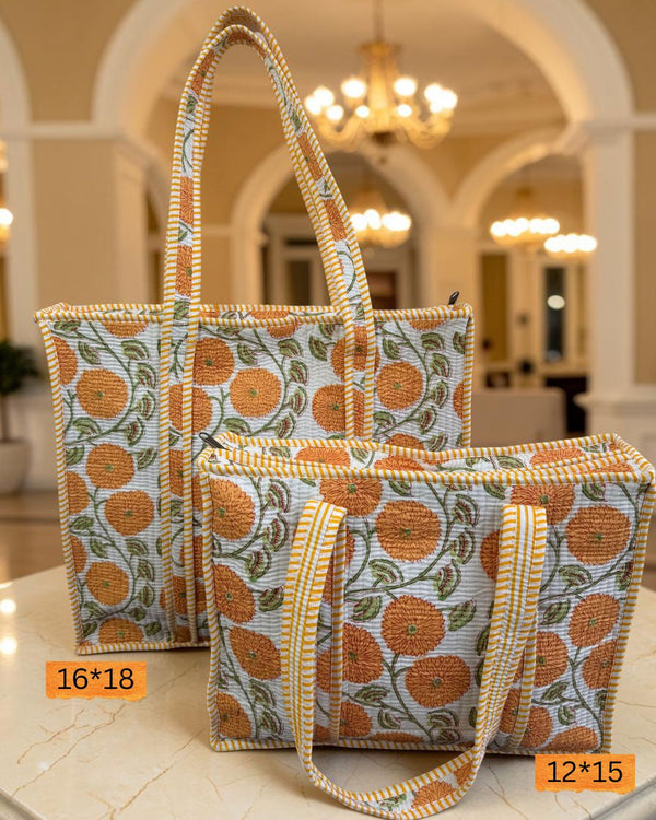 Quilted Tote Bag - Saffron Bloom