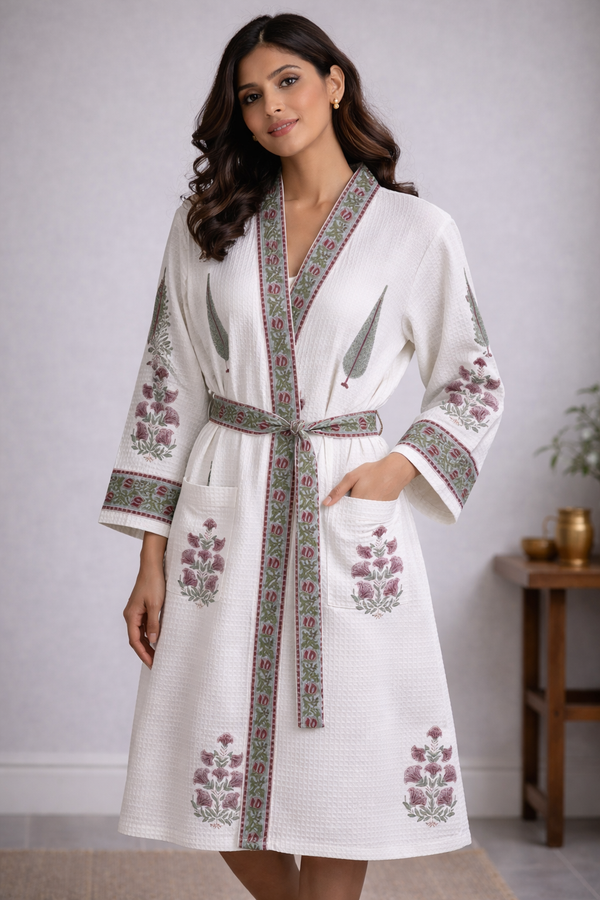 Raj Angan Cypress Waffle Handblock Printed Cotton Bathrobe
