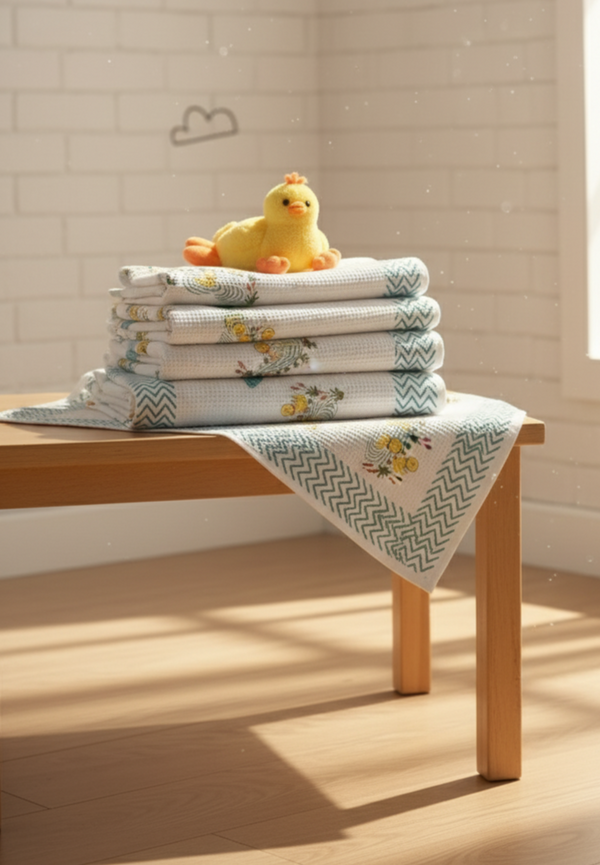 Puddle Pals Waffle Handblock Printed Baby Towel Set of 2