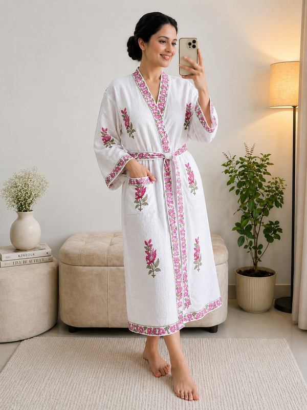 Pushp Vatika Waffle Handblock Printed Cotton Bathrobe
