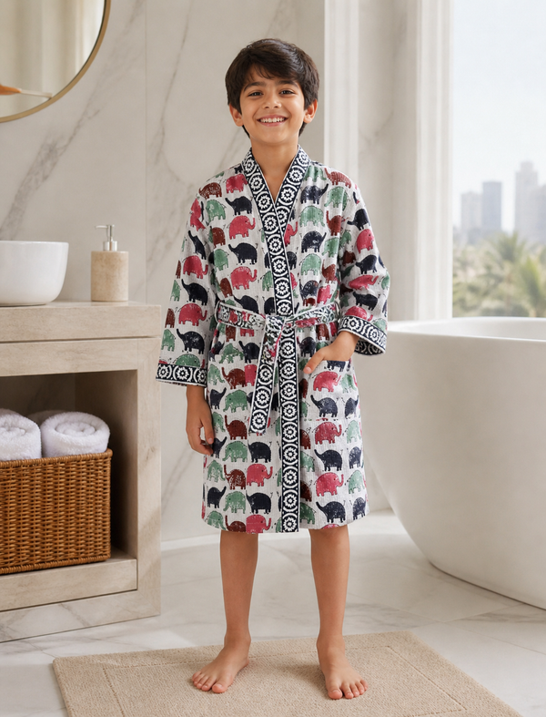 Elephant Parade Waffle Cotton Bathrobe for Kids