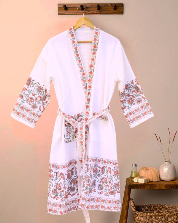 Kesariya Baagh Waffle Handblock Printed Cotton Bathrobe