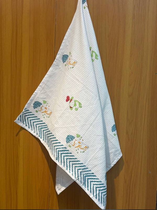 Jungle Jamboree waffle handblock printed baby towel with pastel animal motifs – Newkasa.

Baby waffle cotton towel handblock printed with elephants and frogs – Newkasa.

Handcrafted Jaipuri waffle baby towel with chevron border and playful animal print – Newkasa.