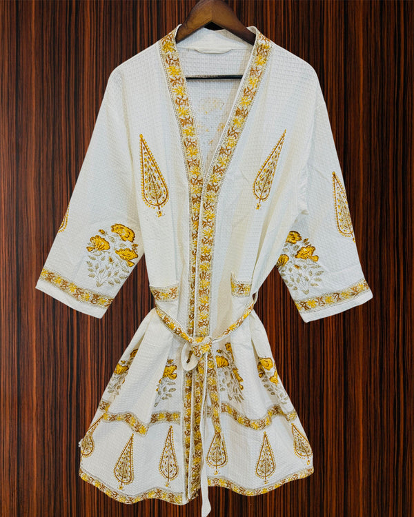 Sunehri Baagh Waffle Handblock Printed Bathrobe