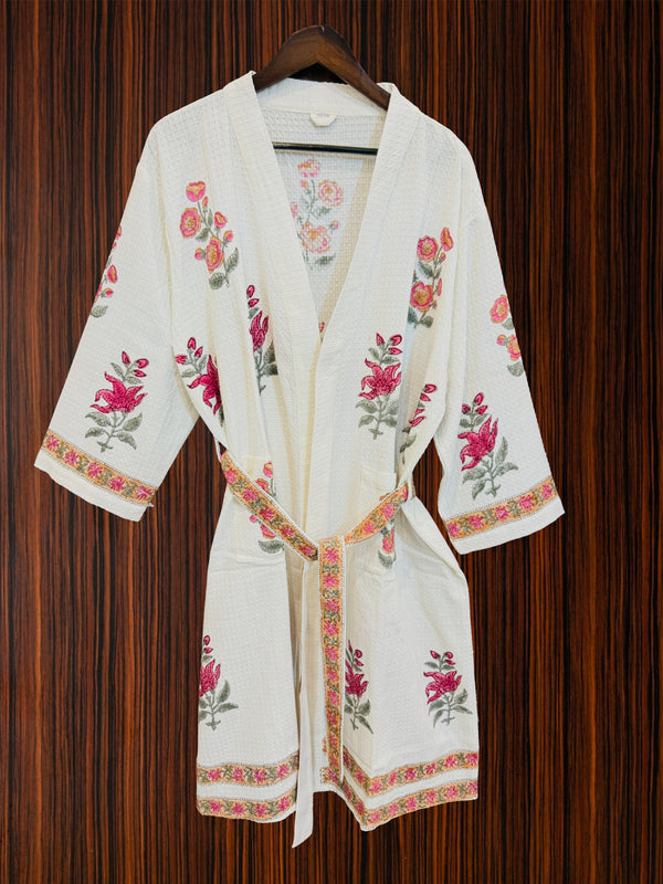 Pushp Vatika Waffle Handblock Printed Cotton Bathrobe