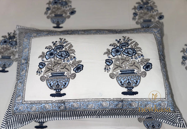 Blue Bloom Vase Jaipuri Hand Block Print Cotton Bedsheet 108x108 with floral vase motifs – newkasa