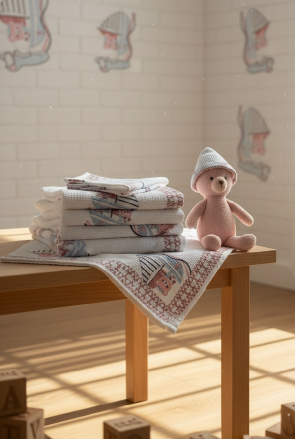 Bozo Bear Waffle Handblock Printed Baby Towel Set of 2