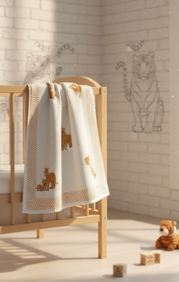 Tiny Tiger Waffle Handblock Printed Baby Towel Set of 2
