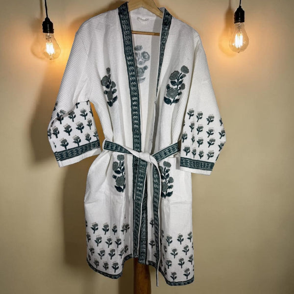 Botanical buta Waffle Handblock Printed Bathrobe