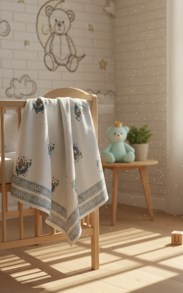 Sleepy Bear Waffle Handblock Printed Baby Towel Set of 2