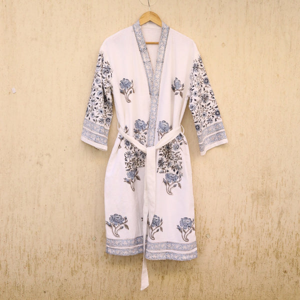 Indigo Gulmohar Waffle Handblock Printed Cotton Bathrobe