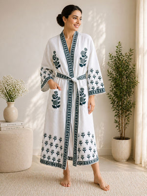 Botanical buta Waffle Handblock Printed Bathrobe