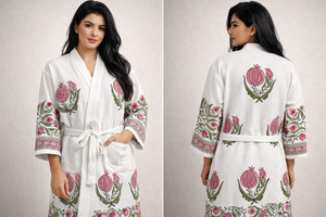 Anar Baagh Waffle Handblock Printed Bathrobe
