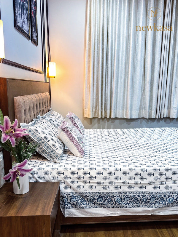 AZURE PALM PREMIUM HANDBLOCK COTTON BEDSHEET (KING SIZE 108*108) - newkasa