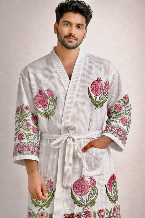 Anar Baagh Waffle Handblock Printed Bathrobe