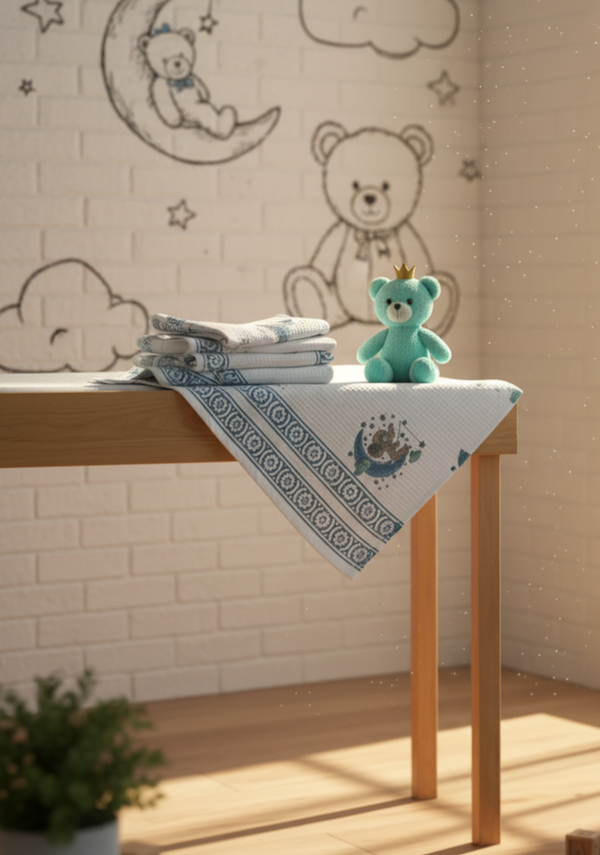 Sleepy Bear Waffle Handblock Printed Baby Towel Set of 2
