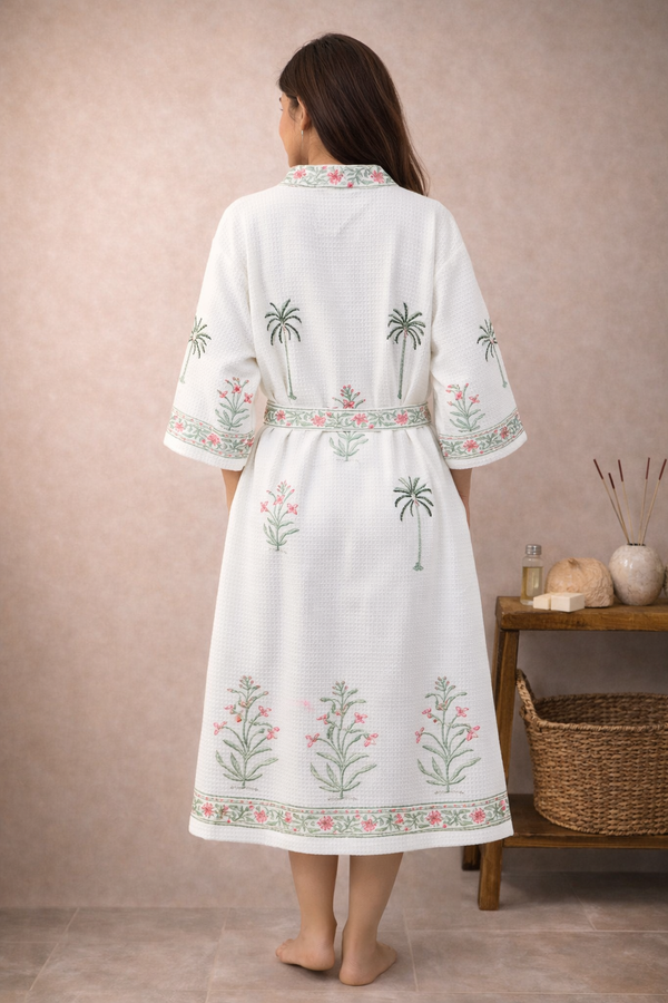 Hara Baagh Waffle Handblock Printed Cotton Bathrobe
