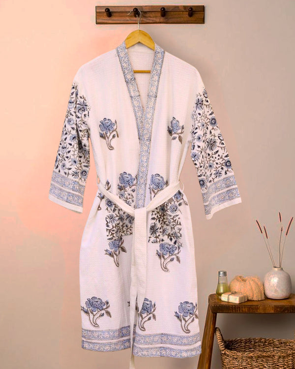Indigo Gulmohar Waffle Handblock Printed Cotton Bathrobe