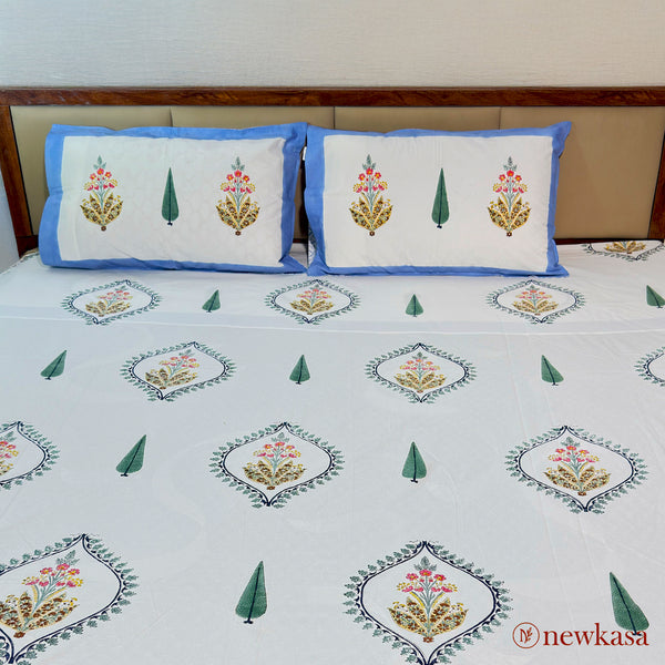 GULSHAN-E-THAR - Jaipuri Cotton Double Bedsheet with Pillow Covers | Premium Sanganeri Floral Print | 100% Soft Cotton